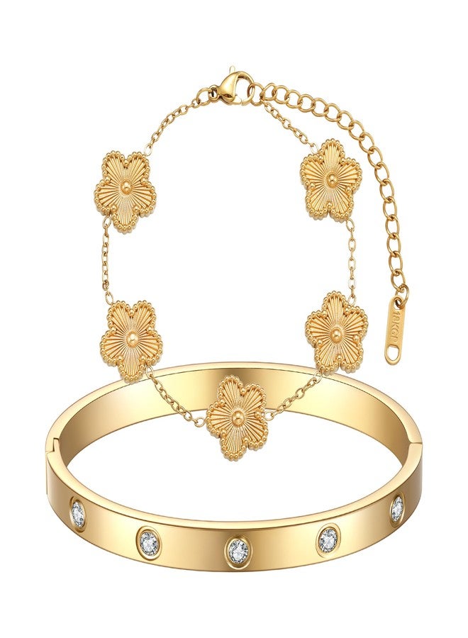 FUNIO 18K Gold Plated Van cleef Clover Bracelet Love bangle Set for Women - Stack Friendship Bracelet Lucky Link Bracelets Jewelry Gifts Trendy for Women - Image 1
